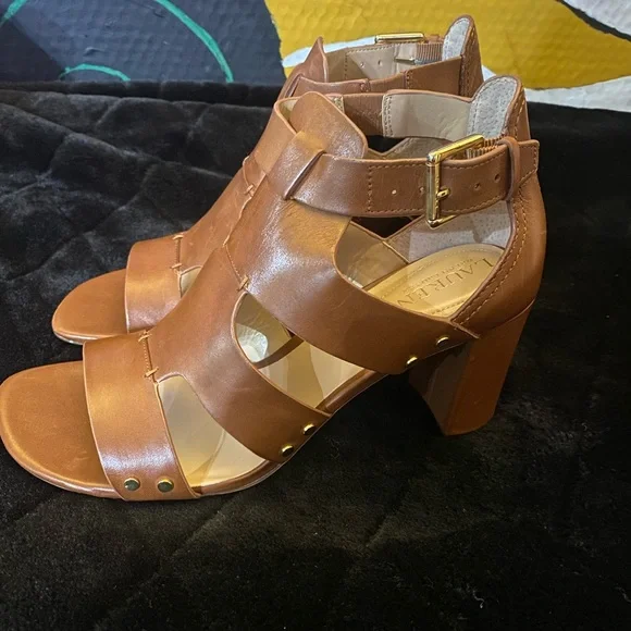 Ralph Lauren Tan Strappy Block Heels - Picture 4 of 9